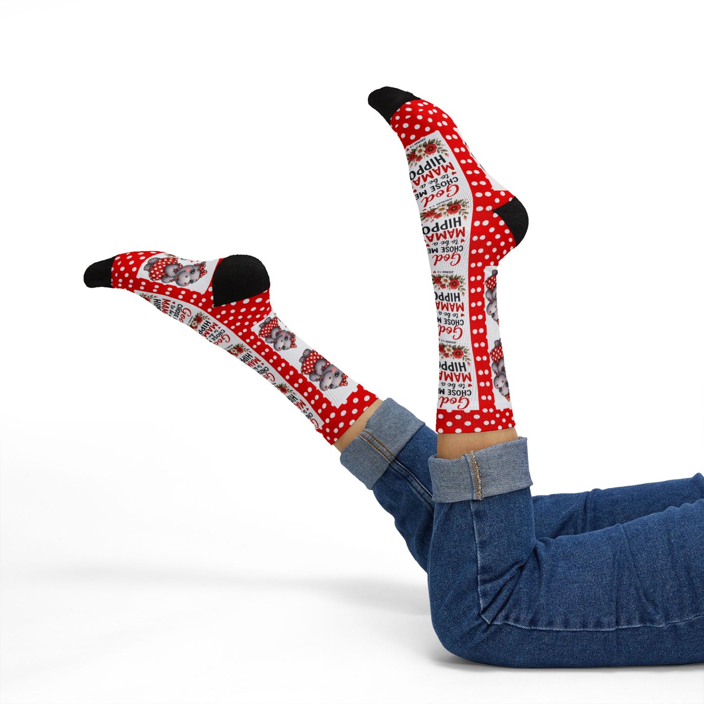 God Made Me to be a Mama Hippo Pattern Socks | Cute Cartoon Hippo Polka Dot Socks